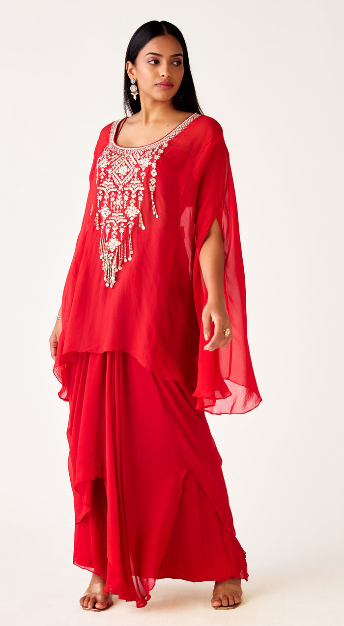 Red Organza Embroidered Cape Set