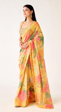 Mustard Georgette Embroidered Saree