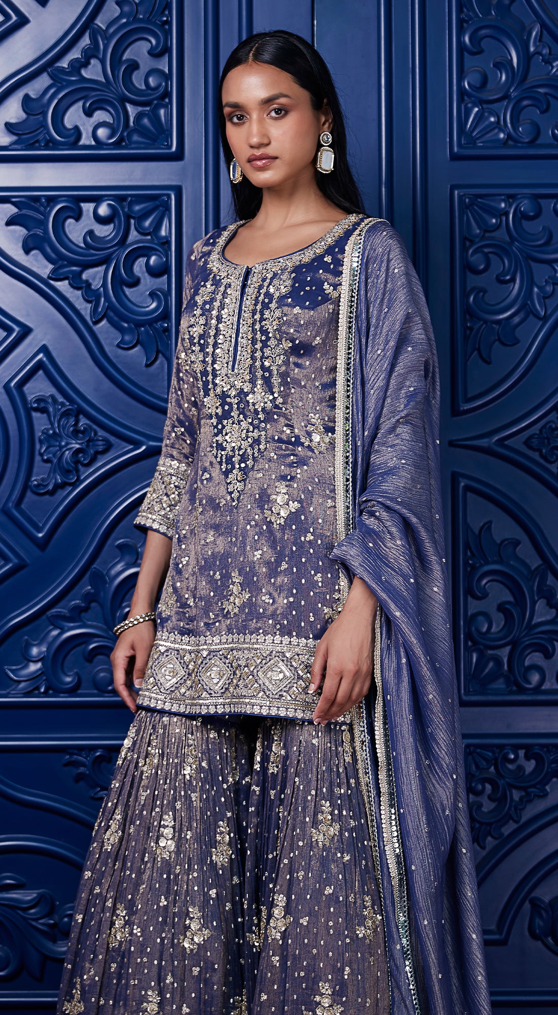 Blue Tissue Embroidered Sharara Set