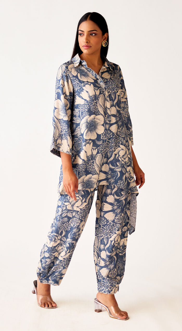 Blue Muslin Floral Co-Ord Set