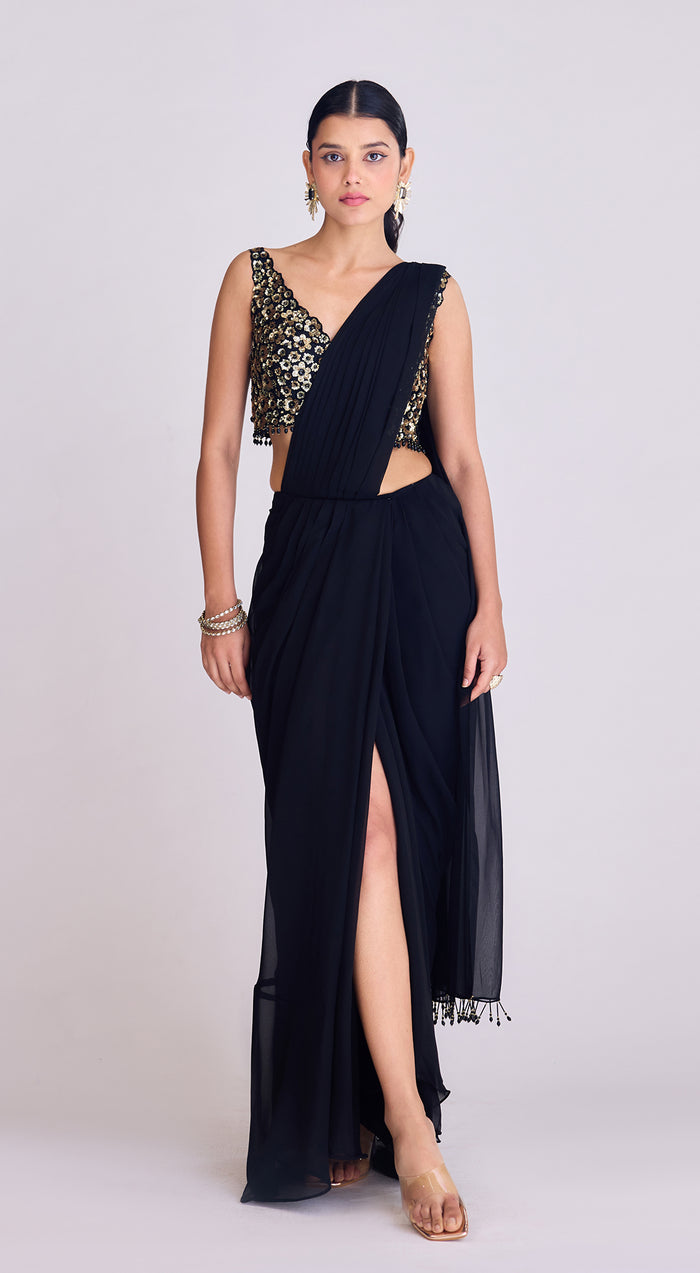 Black Pre-Draped Saree