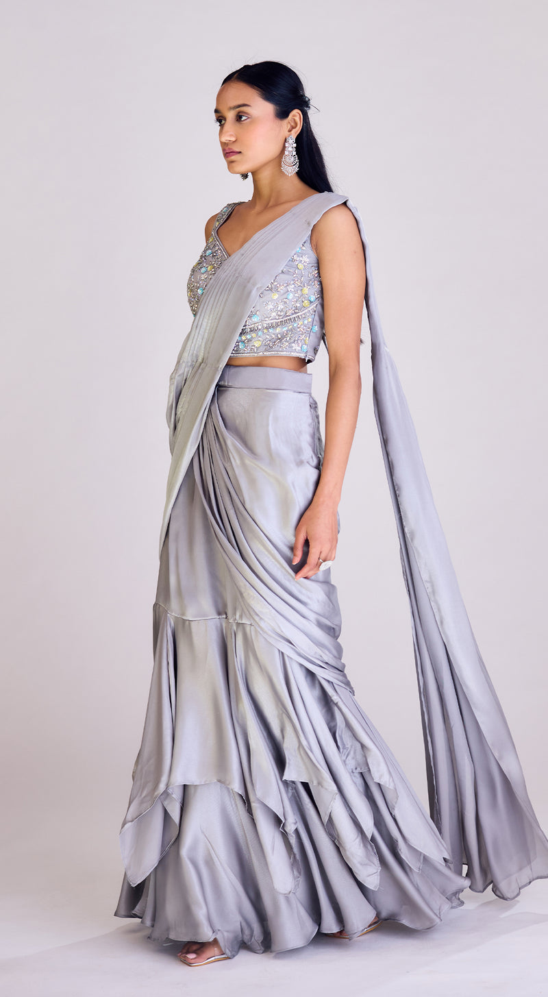 Grey Pre Draped Saree