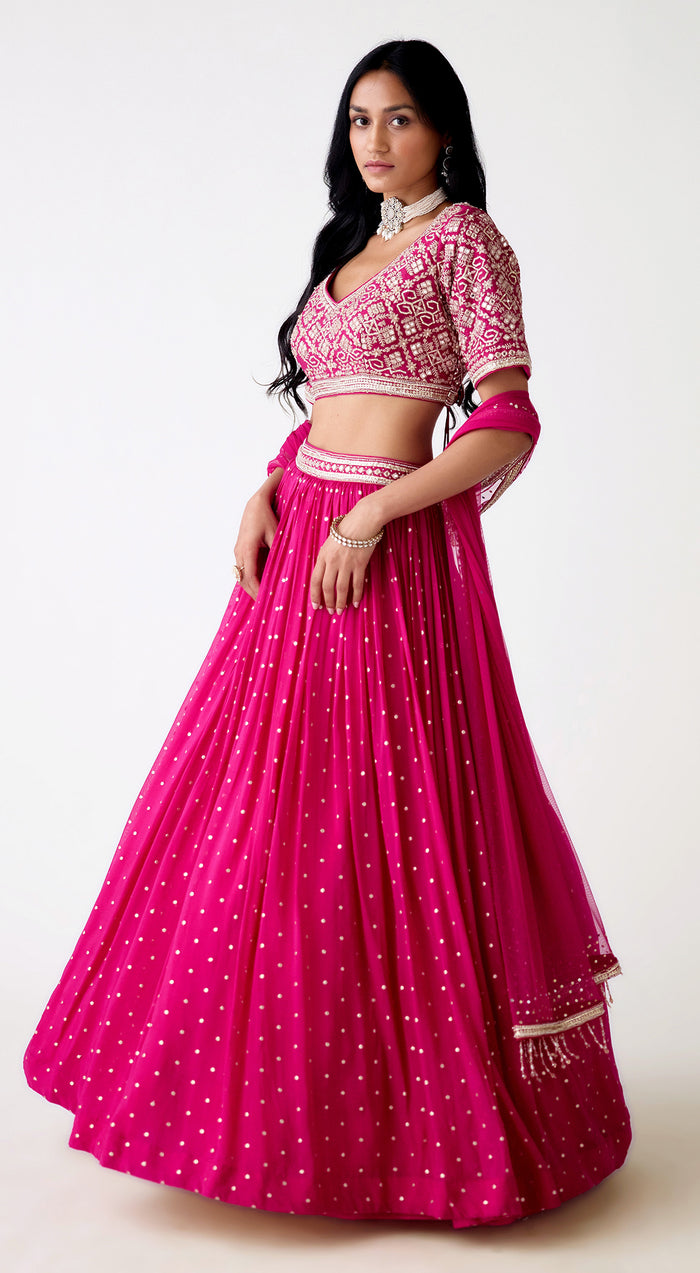 Rani Pink Organza Embroidered Lehenga Set