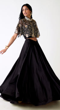 Black Satin Embroidered Lehenga Set