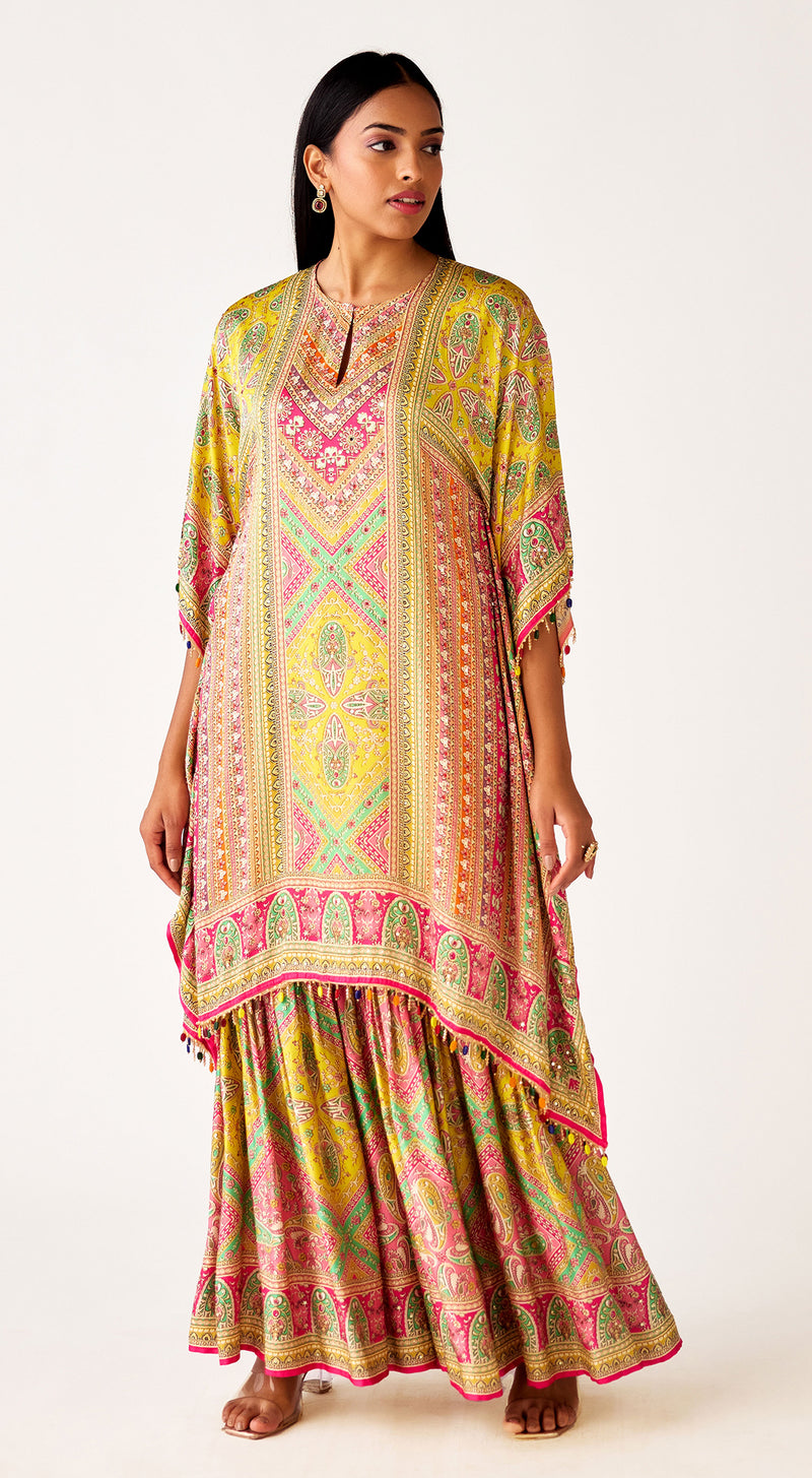 Multi Satin Embroidered Kaftan Co-Ord Set