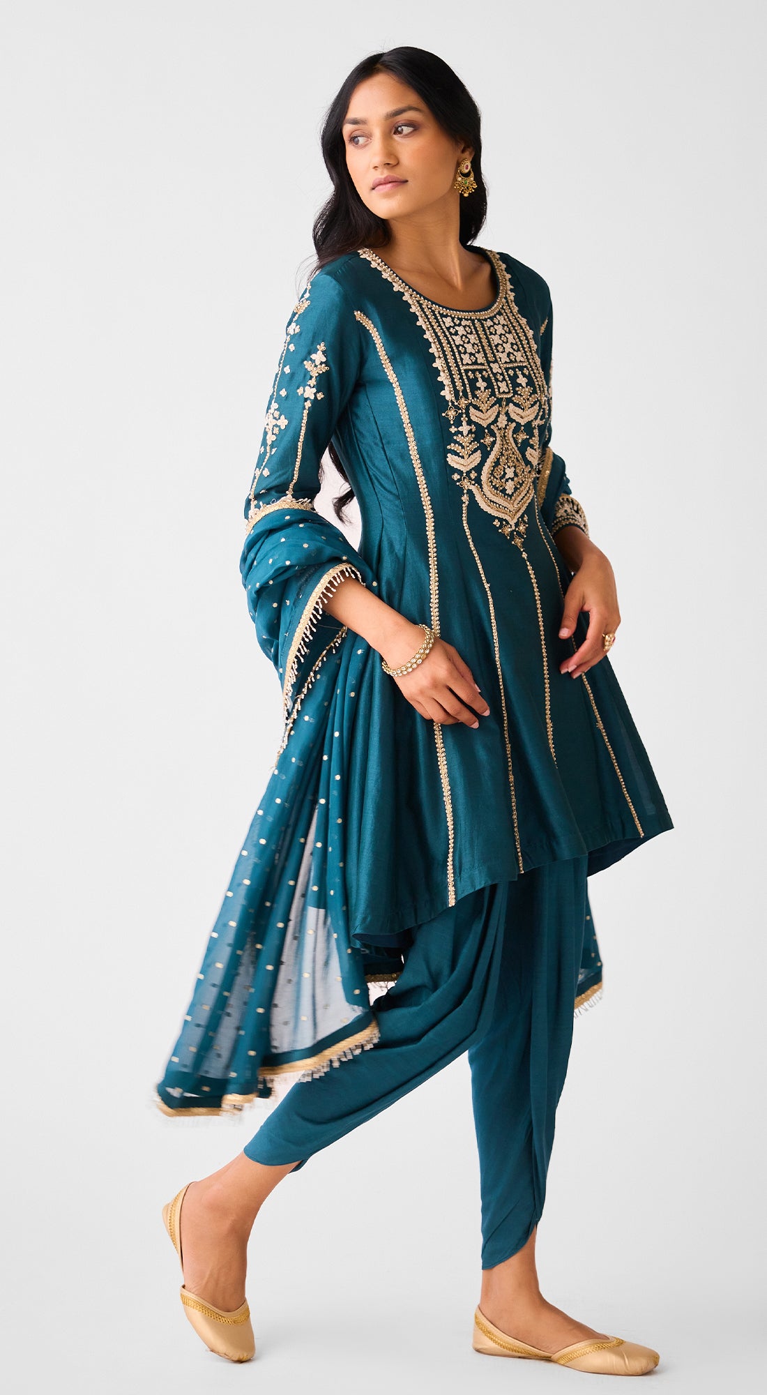 Teal Blue Chanderi Embroidered Anarkali Kurta Set