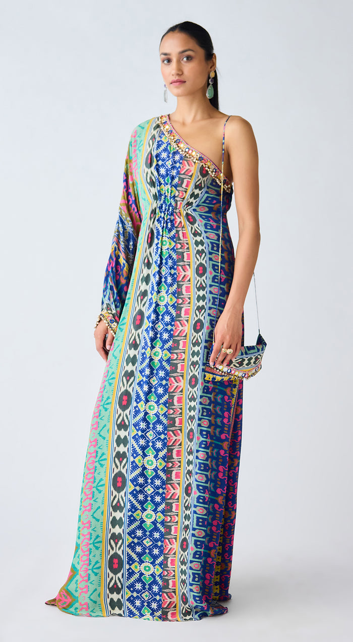 Blue Printed Asymmetric Neckline Dress