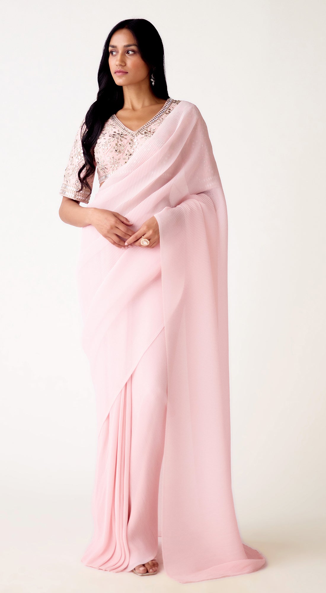 Baby Pink Pleated Georgette Embroidered Saree