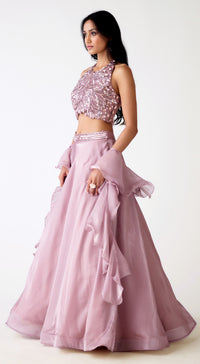 Mauve Organza Embroidered Lehenga Set