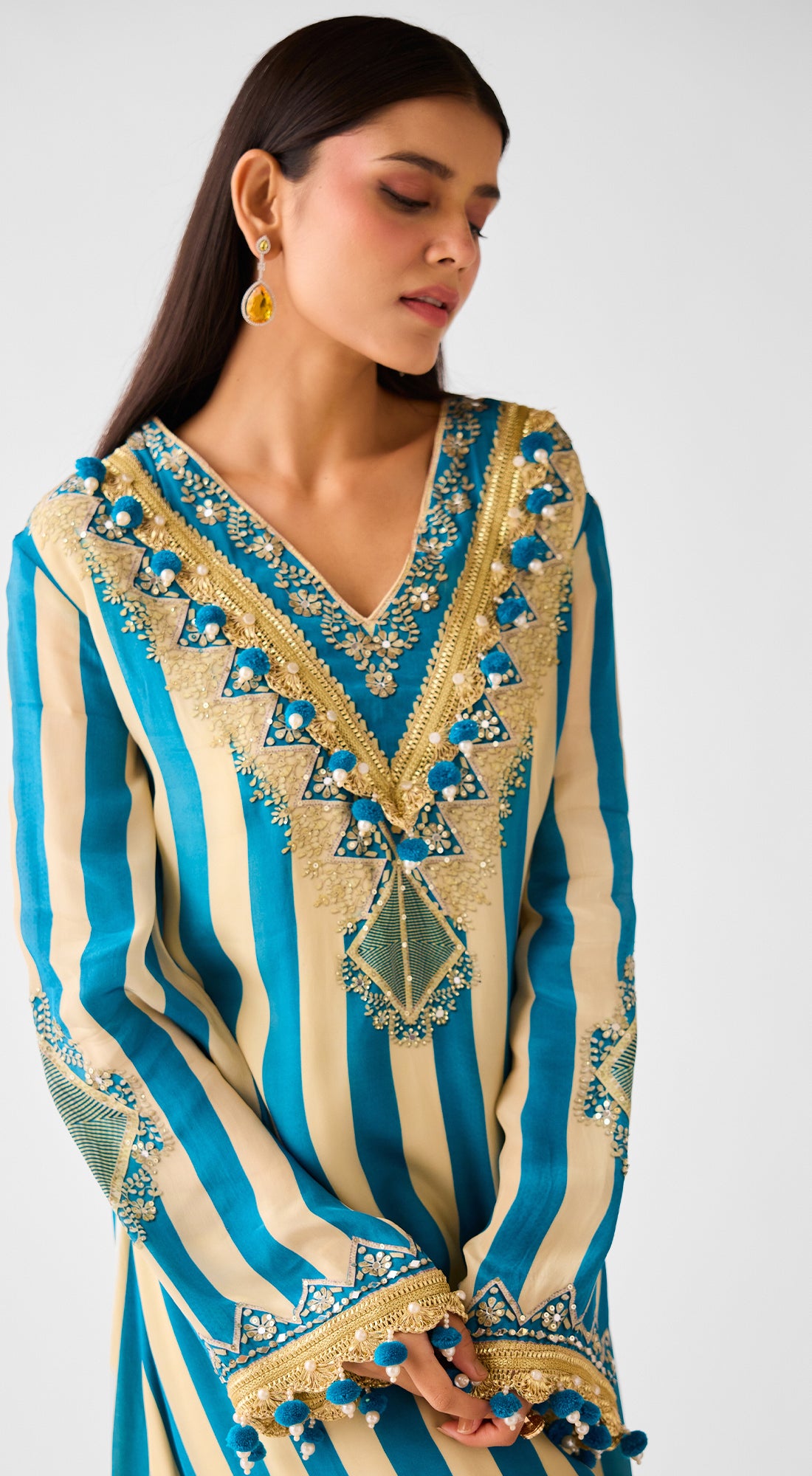 Blue Crepe Pearl Embellished Suit Set