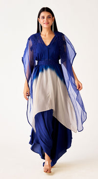 Blue Chinon Embroidered Cape Set