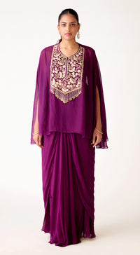 Purple Viscose Georgette Embroidered Cape Set