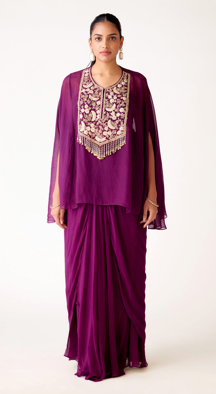 Purple Viscose Georgette Embroidered Cape Set