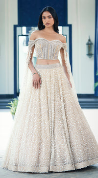 Beige Sequins Net Embroidered Lehenga Set