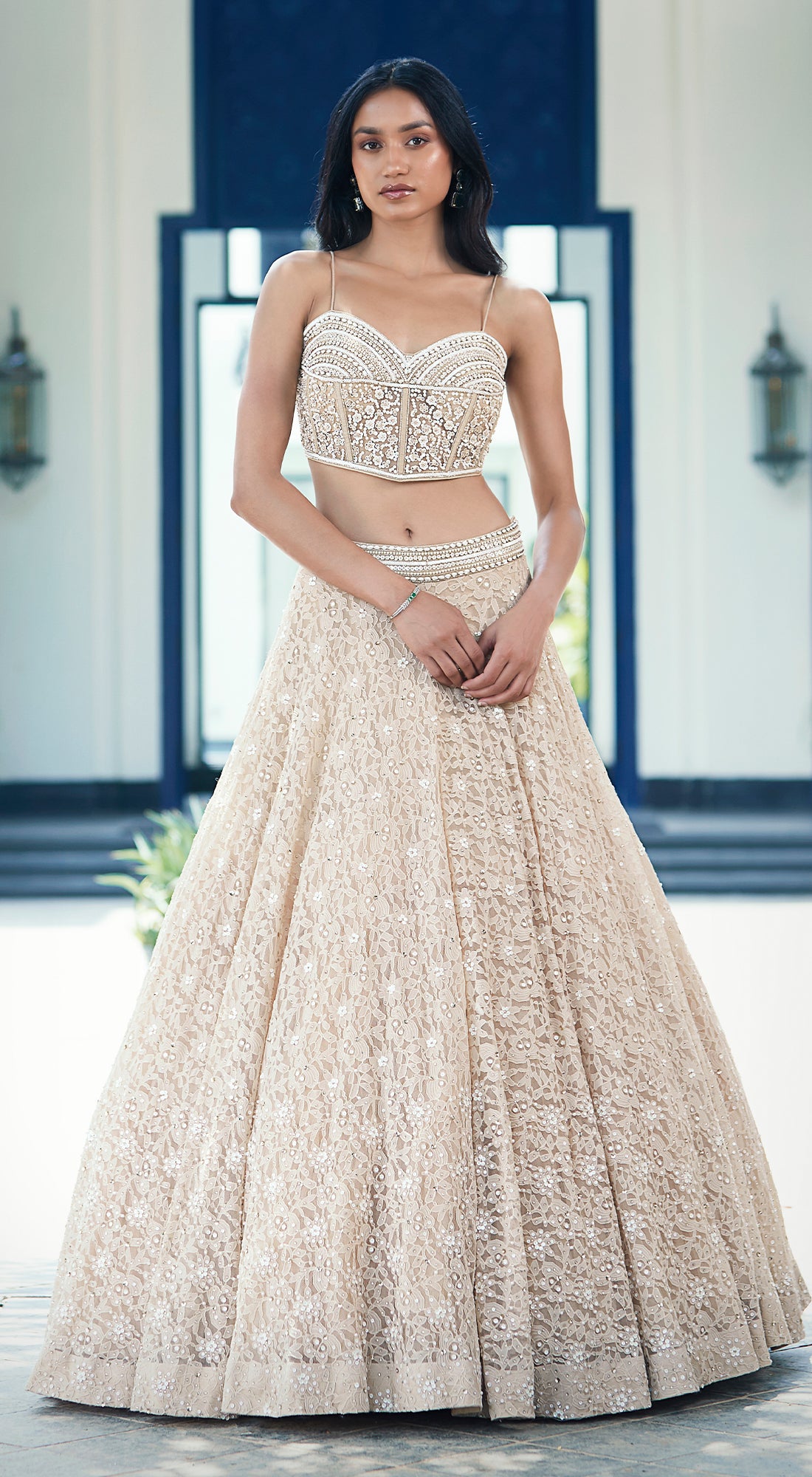 Beige Chantilly Net Embroidered Lehenga Set