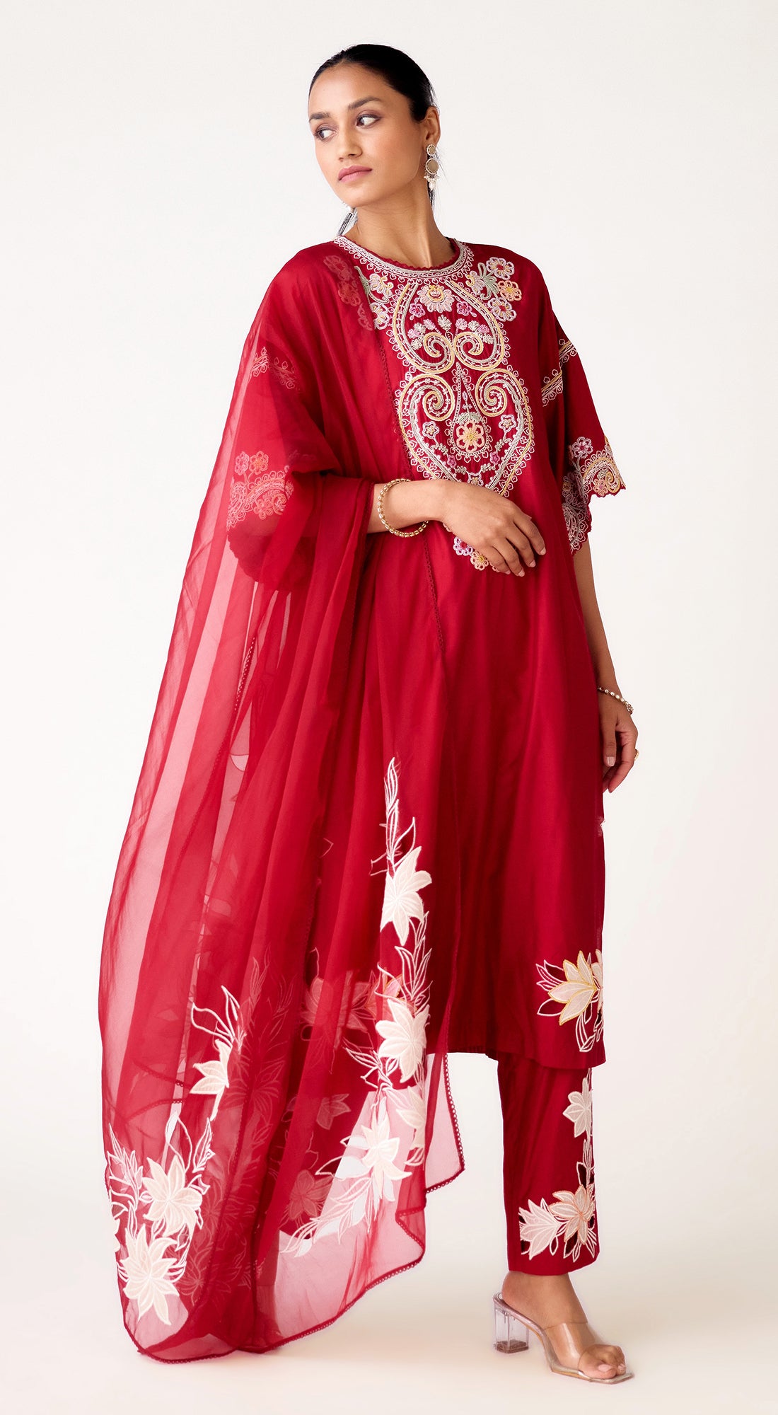 Red Cotton Silk Embroidered Suit Set