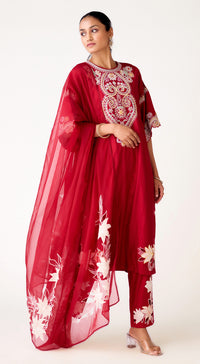 Red Cotton Silk Embroidered Suit Set