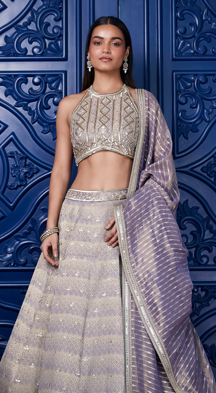 Mauve Tissue Embroidered Lehenga Set