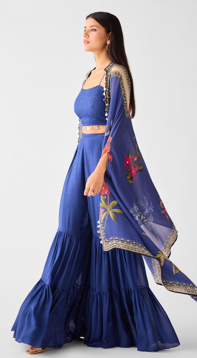 Blue Chinon Cape & Sharara Set