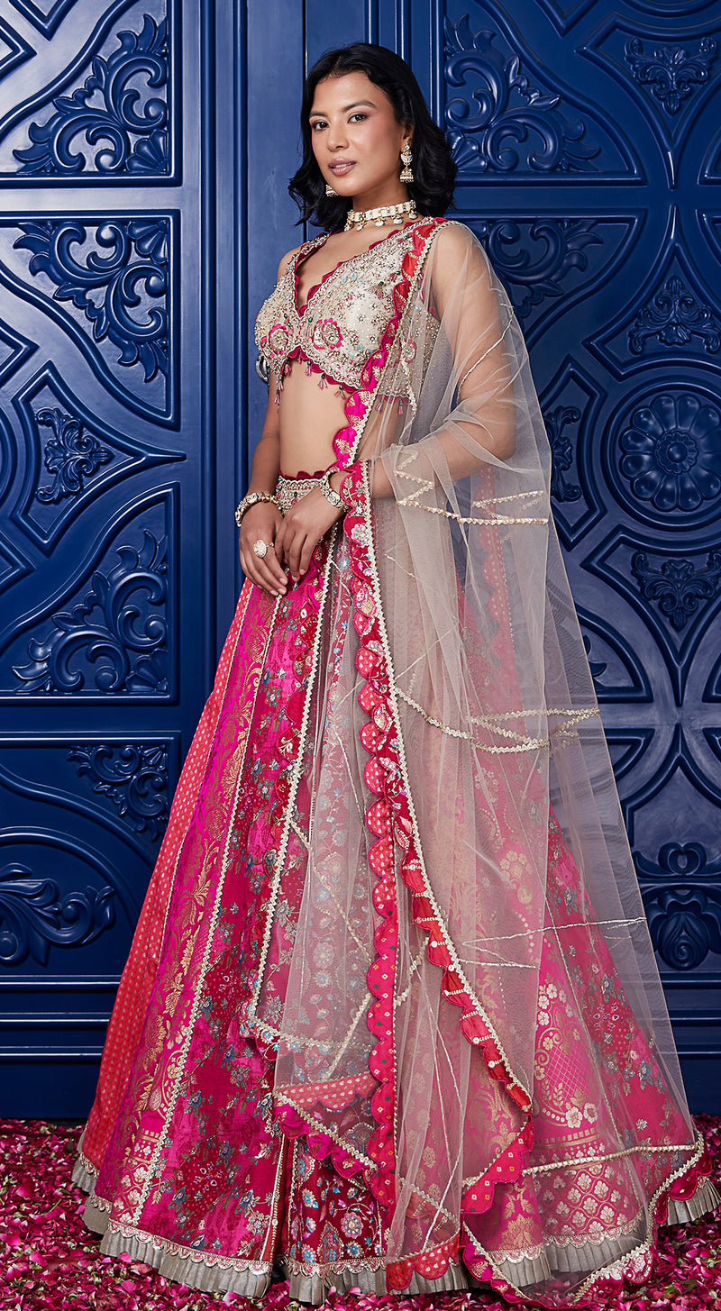 Pink Banarasi Embroidered Lehenga Set