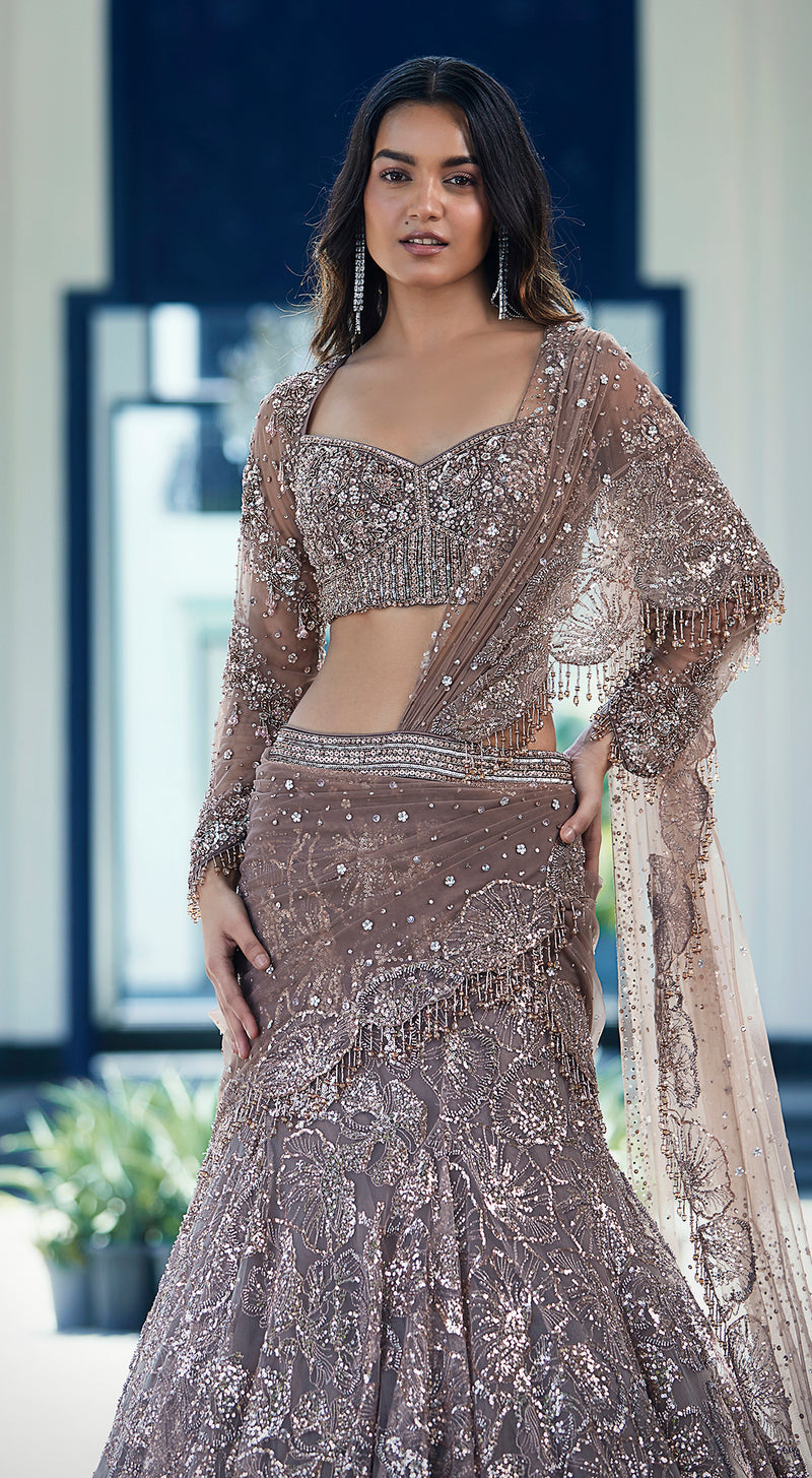 Rose Gold Net Embroidered Lehenga Set