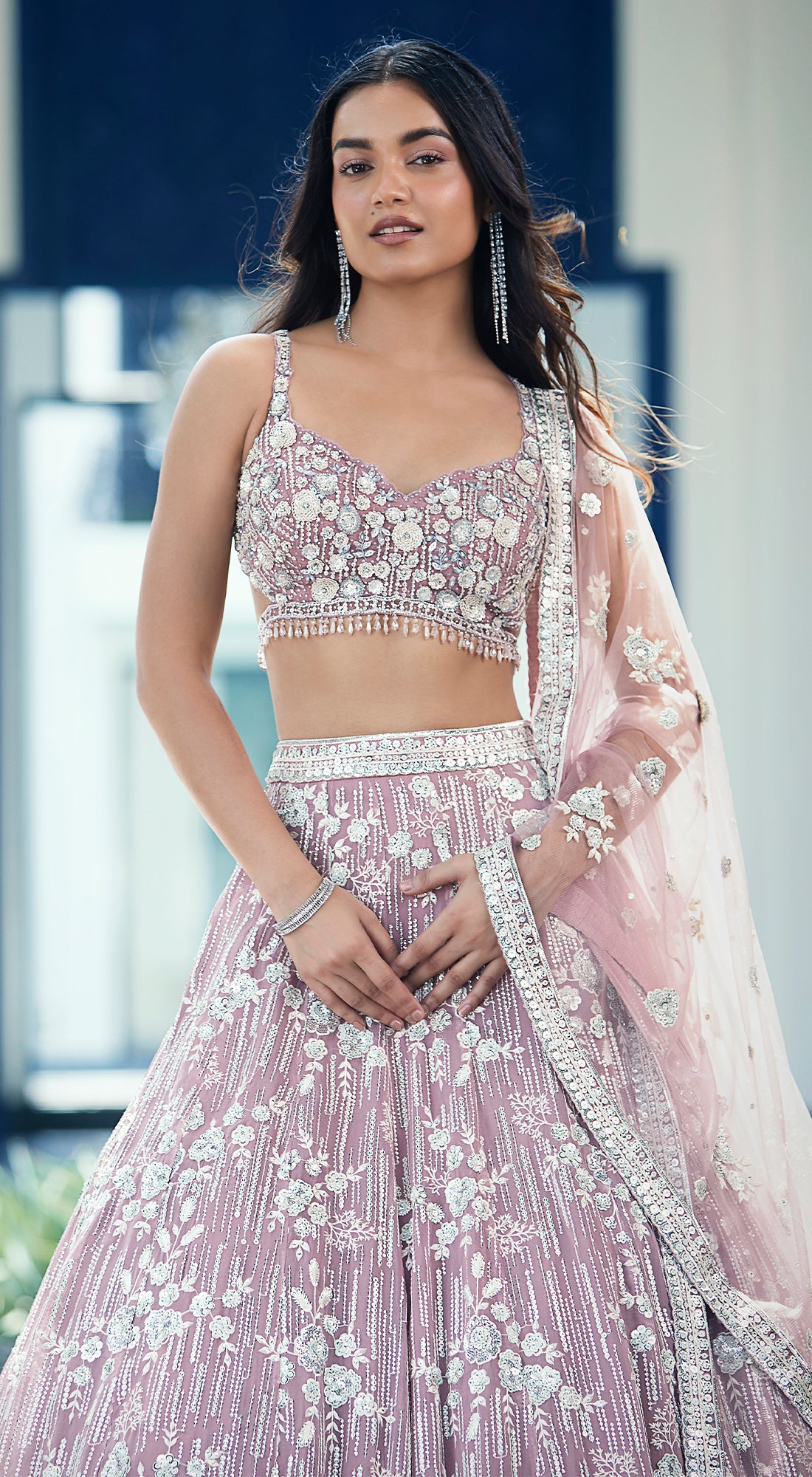 Mauve Organza Embroidered Lehenga Set