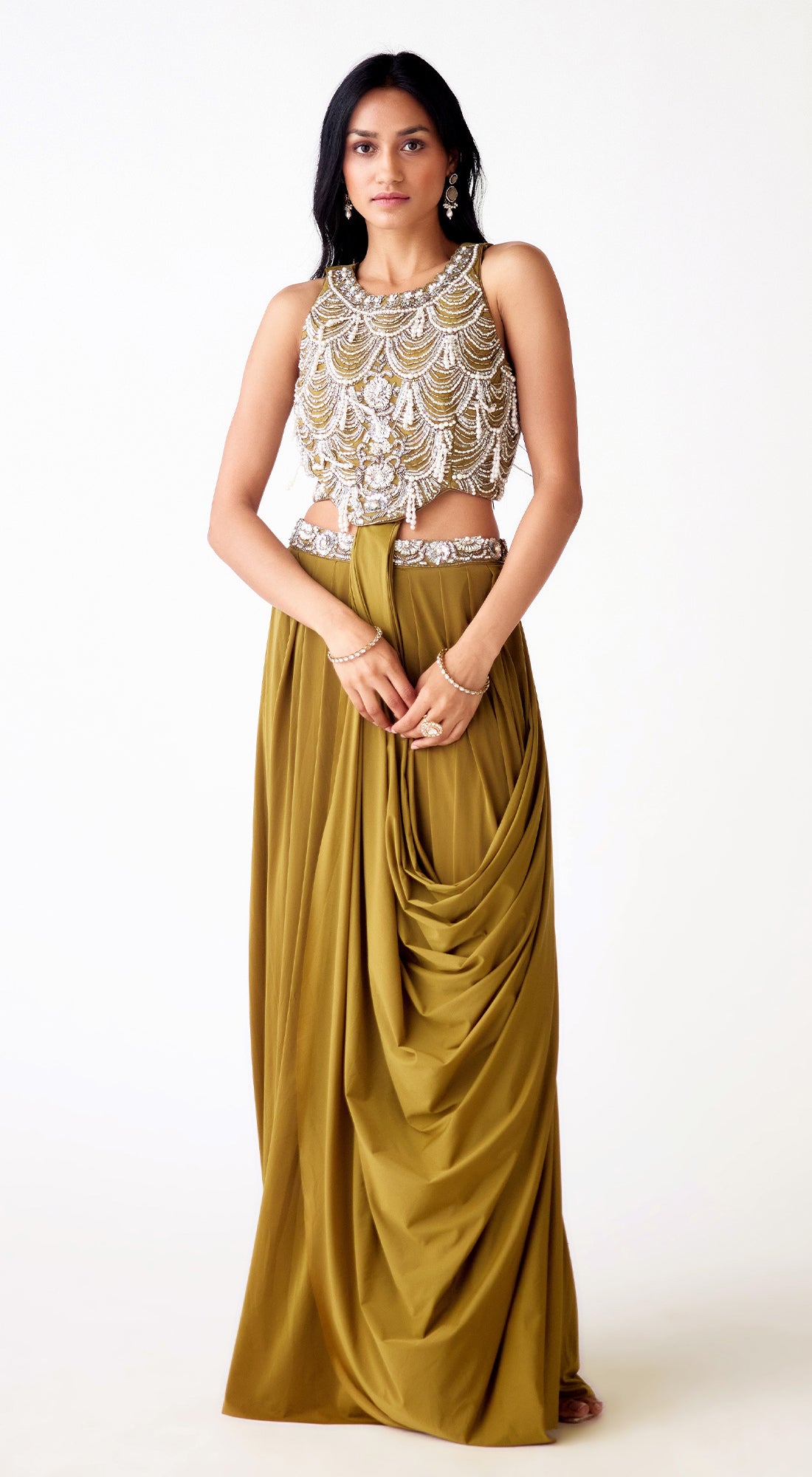 Olive Satin Lycra Embroidered Draped Saree