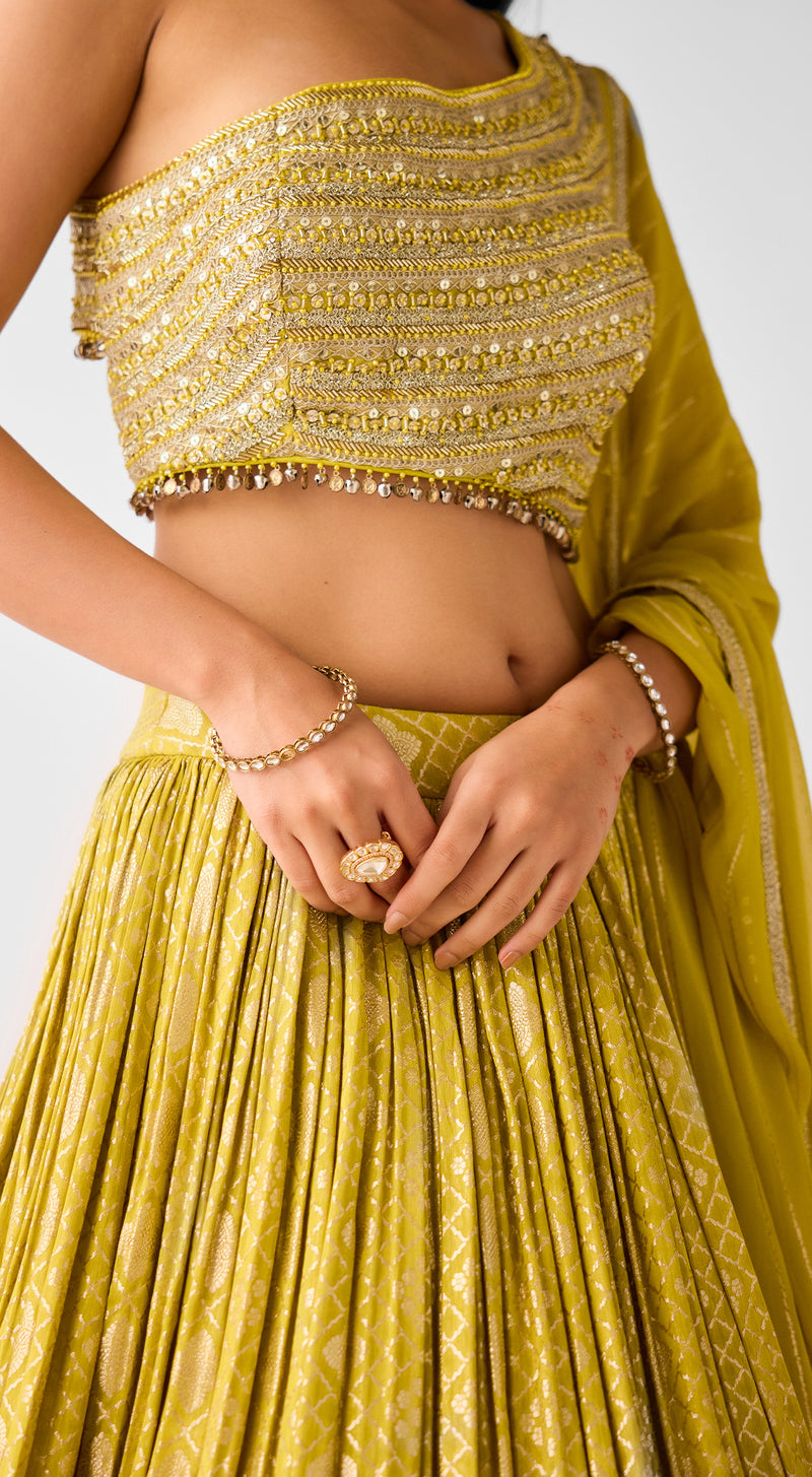 Yellow Banarasi Embroidered Lehenga Set