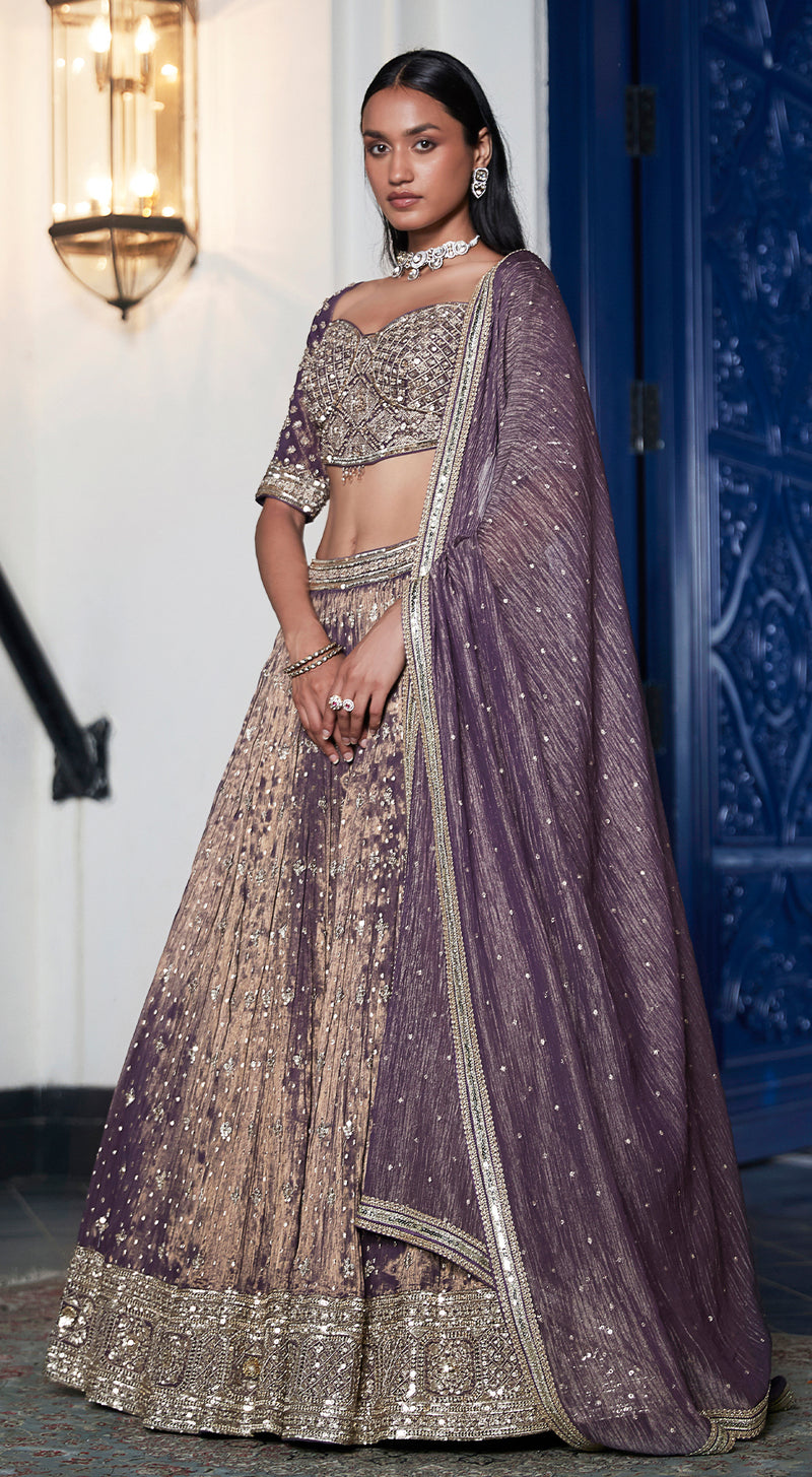 Purple Tissue Embroidered Lehenga Set