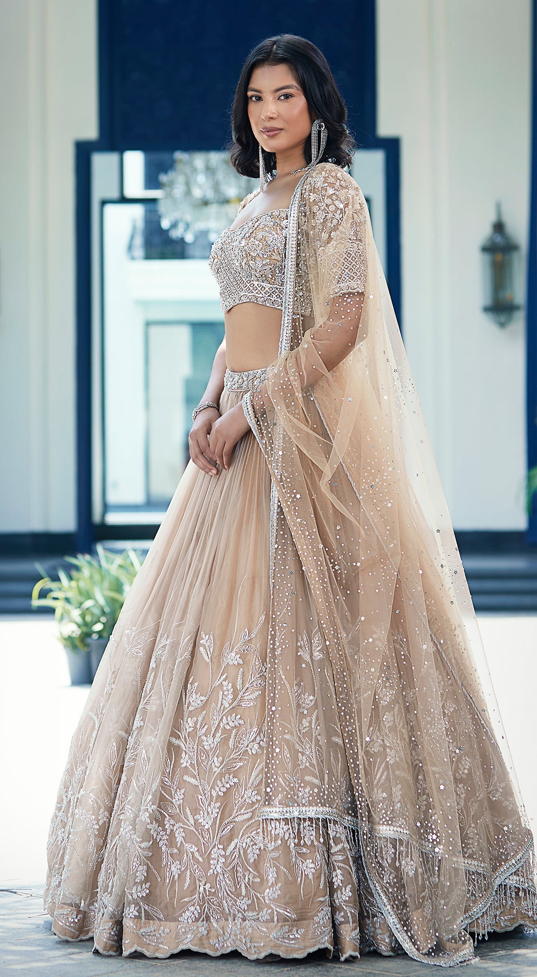 Beige Sequins Net Embroidered Lehenga Set