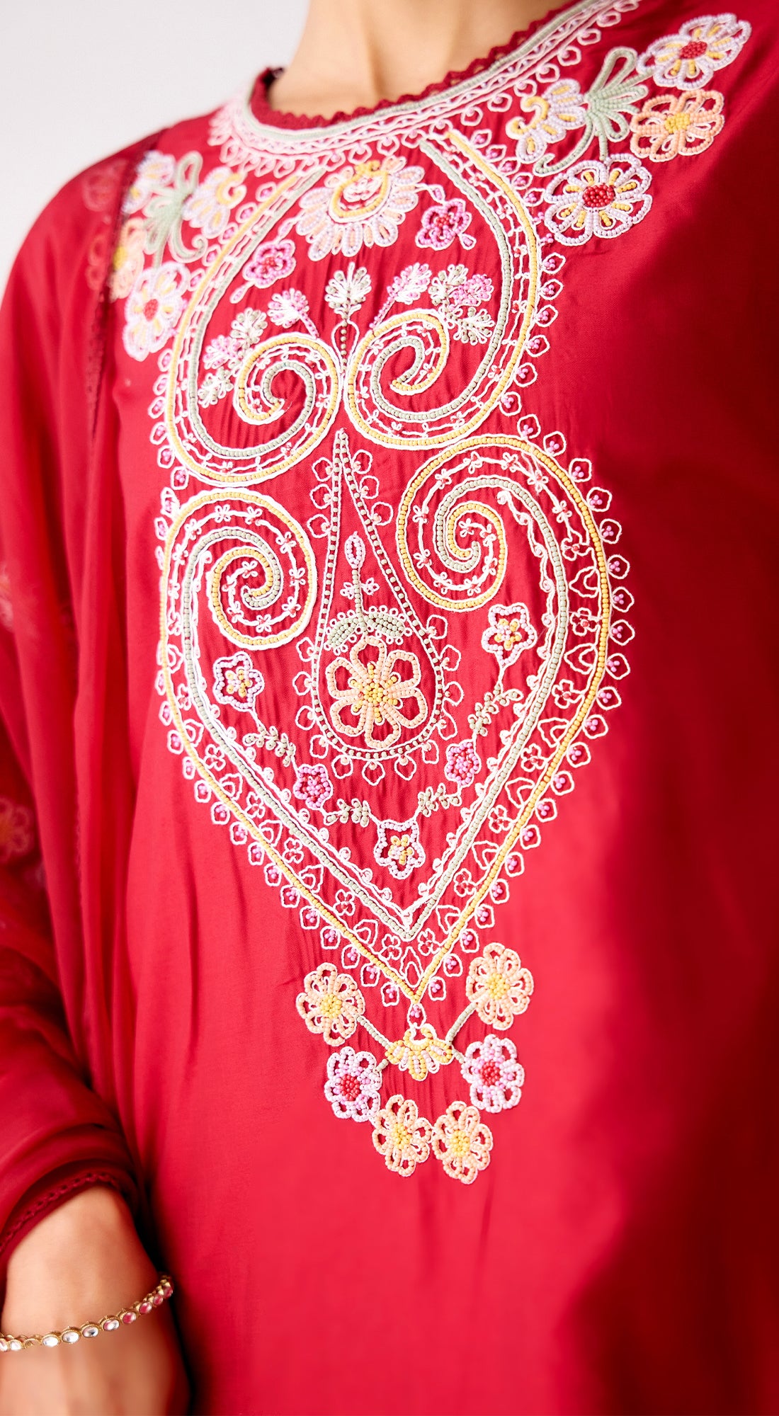 Red Cotton Silk Embroidered Suit Set