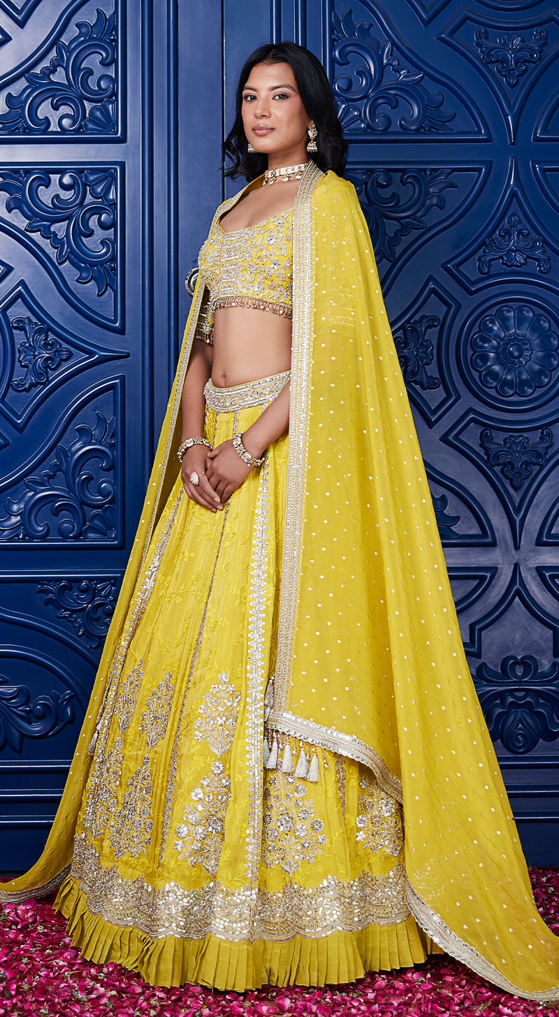 Yellow Tissue Silk Embroidered Lehenga Set