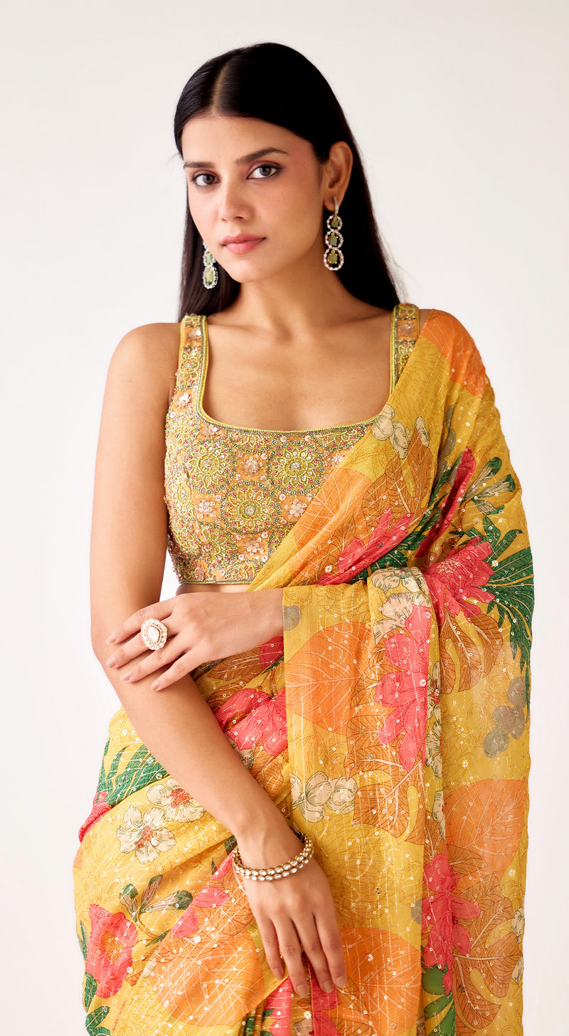 Mustard Georgette Embroidered Saree