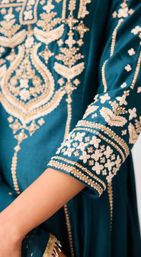 Teal Blue Chanderi Embroidered Anarkali Kurta Set