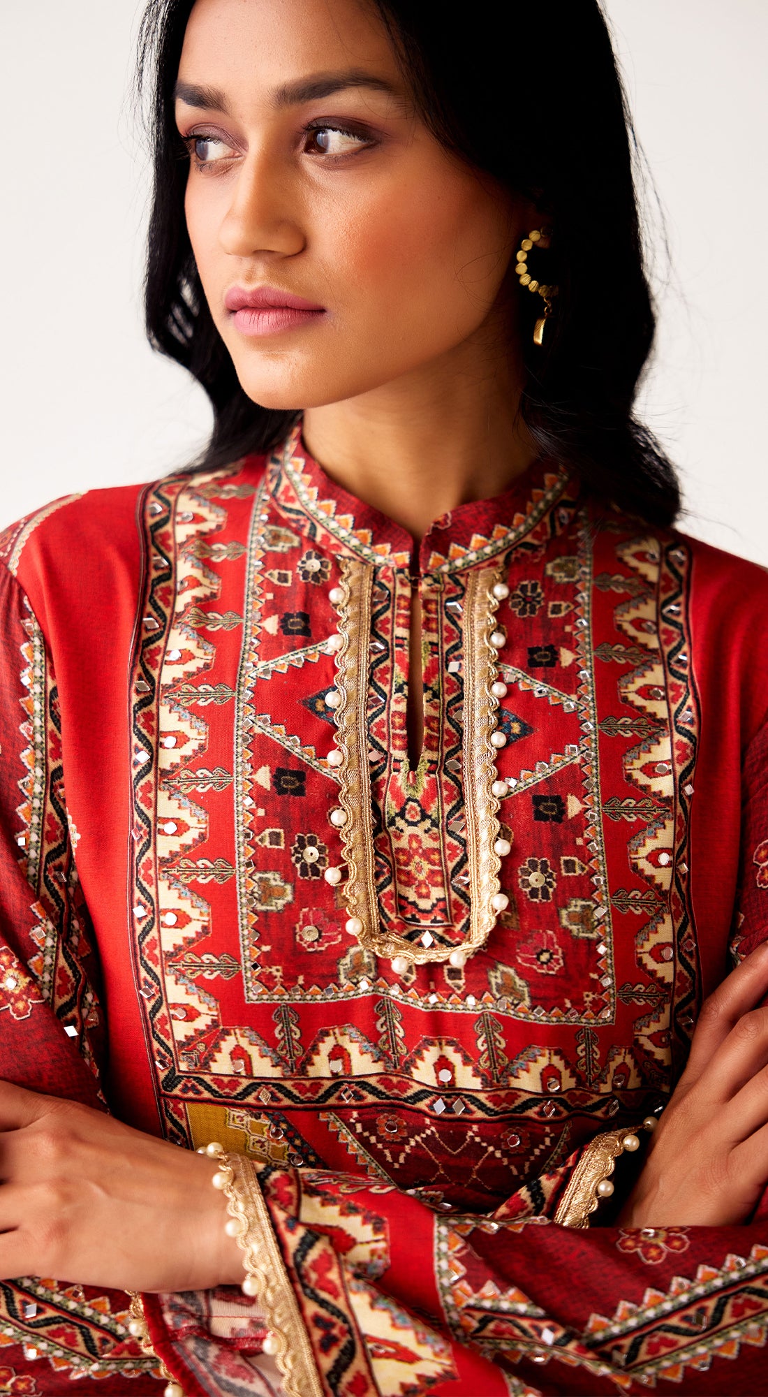 Red Muslin Embroidered Kurta Set