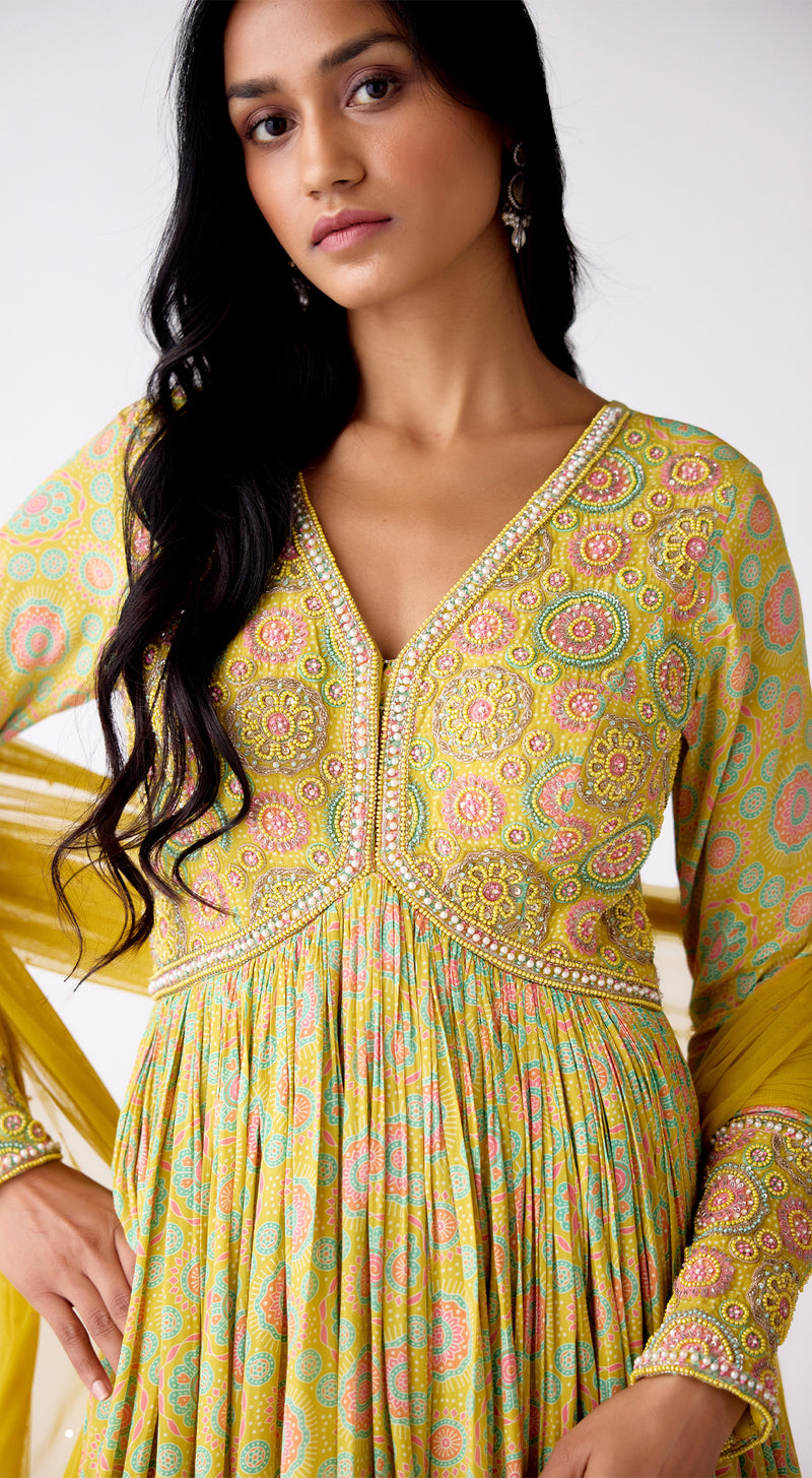 Yellow Crepe Embroidered Anarkali