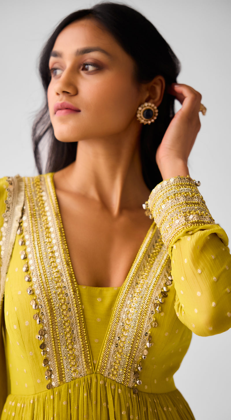 Yellow Banarasi Chinon Anarkali Set