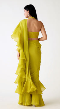 Lime Chinon Embroidered Ruffle Saree