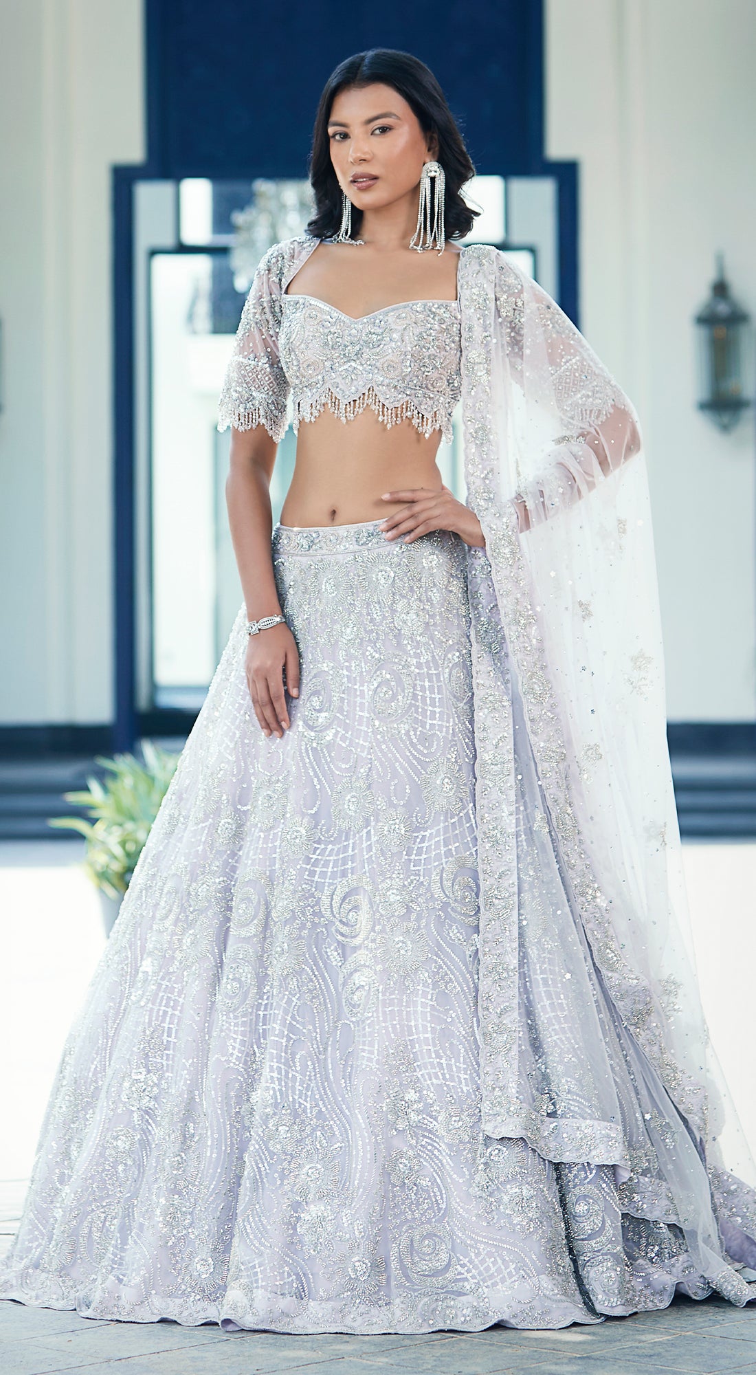 Lilac Embroidered Net Lehenga Set