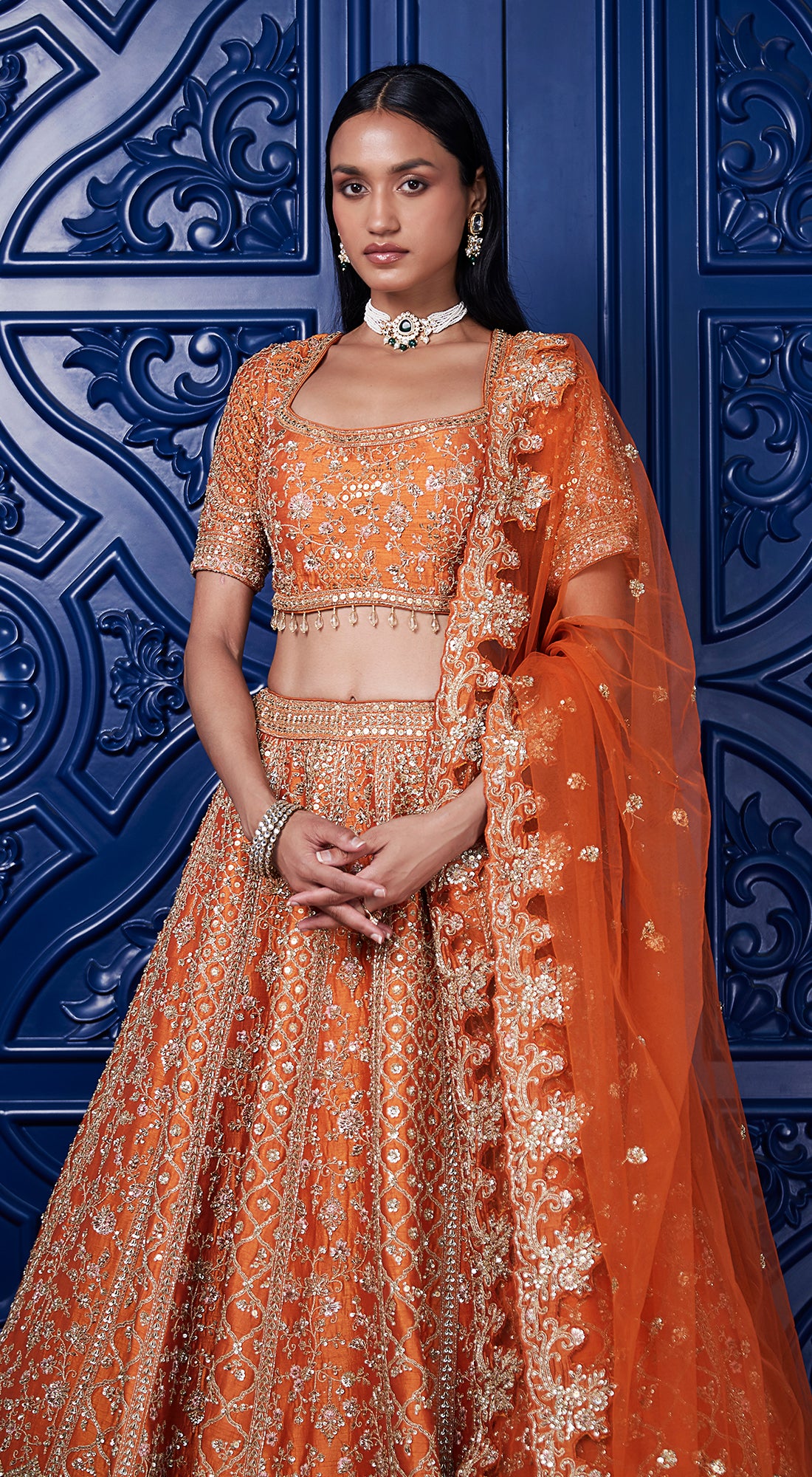 Orange SIlk Embroidered Lehenga Set