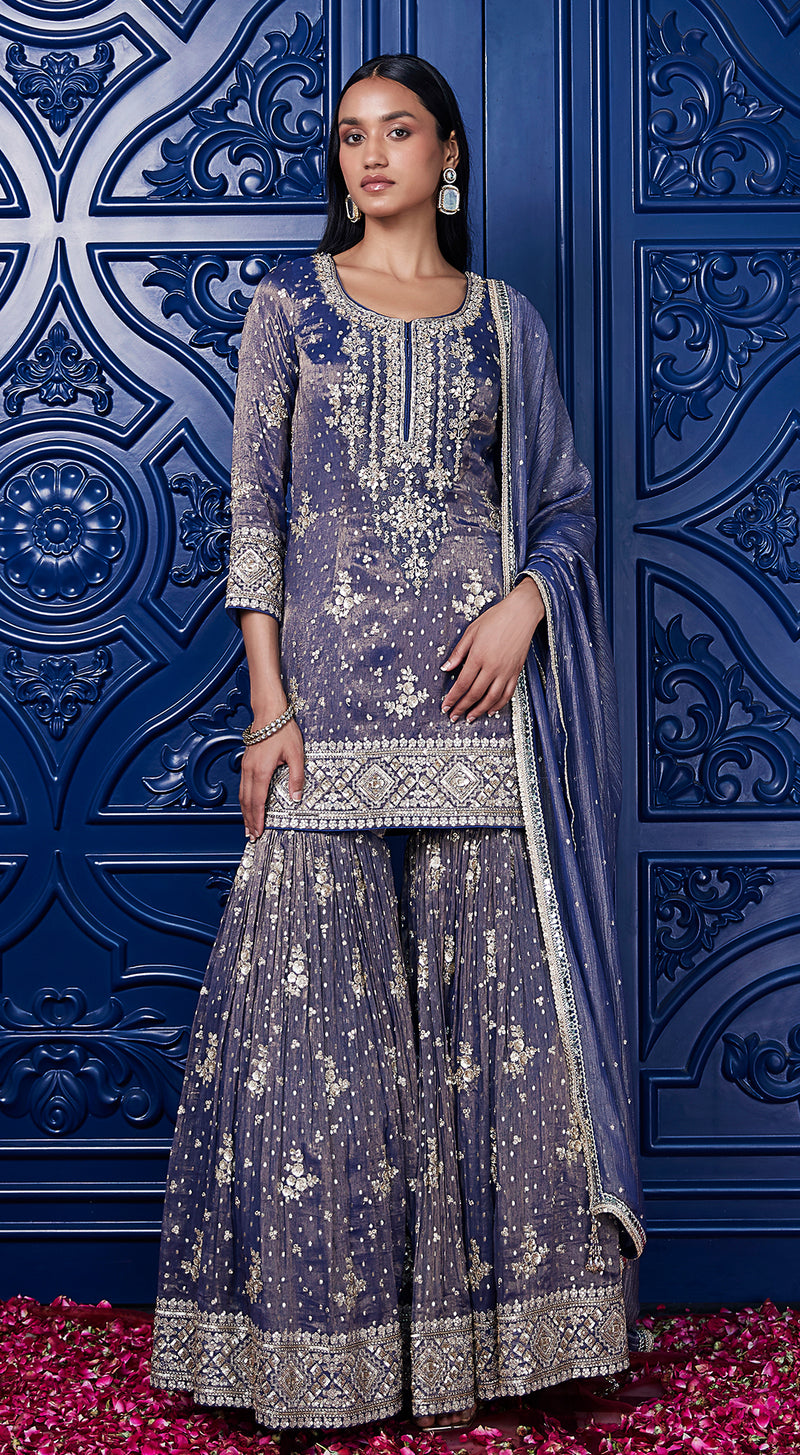 Blue Tissue Embroidered Sharara Set