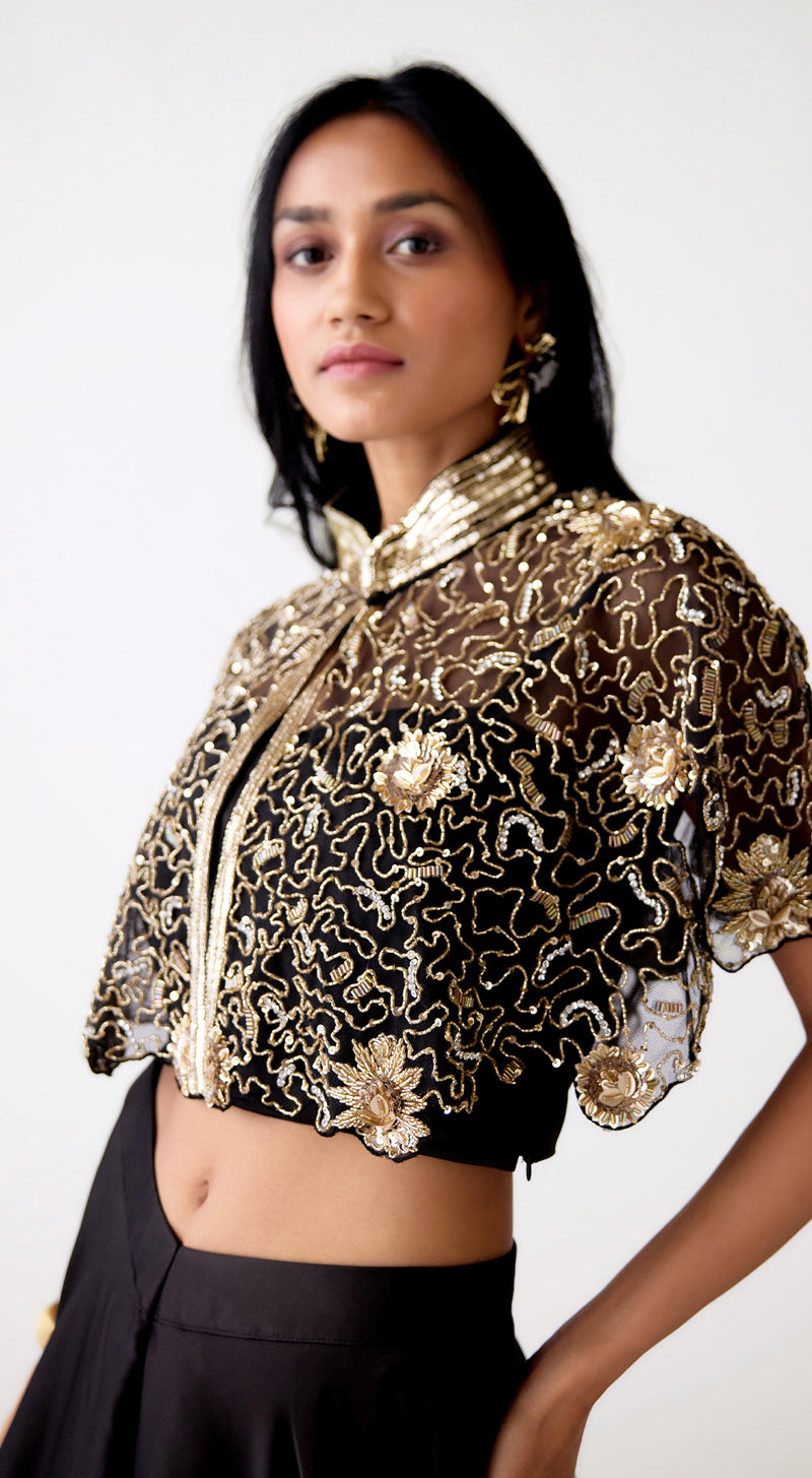 Black Satin Embroidered Lehenga Set