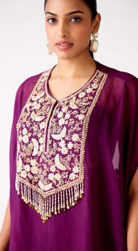 Purple Viscose Georgette Embroidered Cape Set