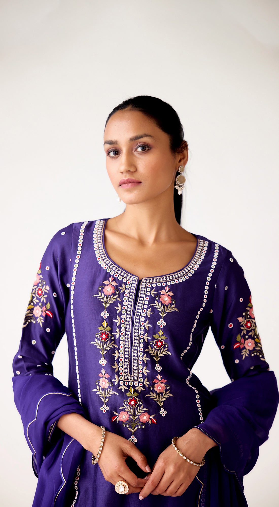 Purple Chanderi Embroidered Suit Set