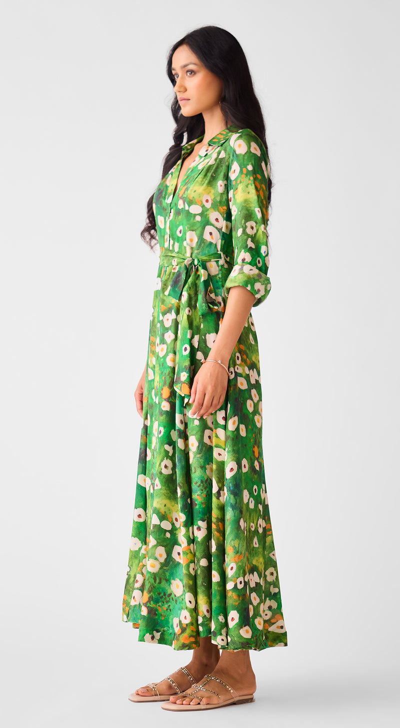 Green Muslin Floral Long Dress