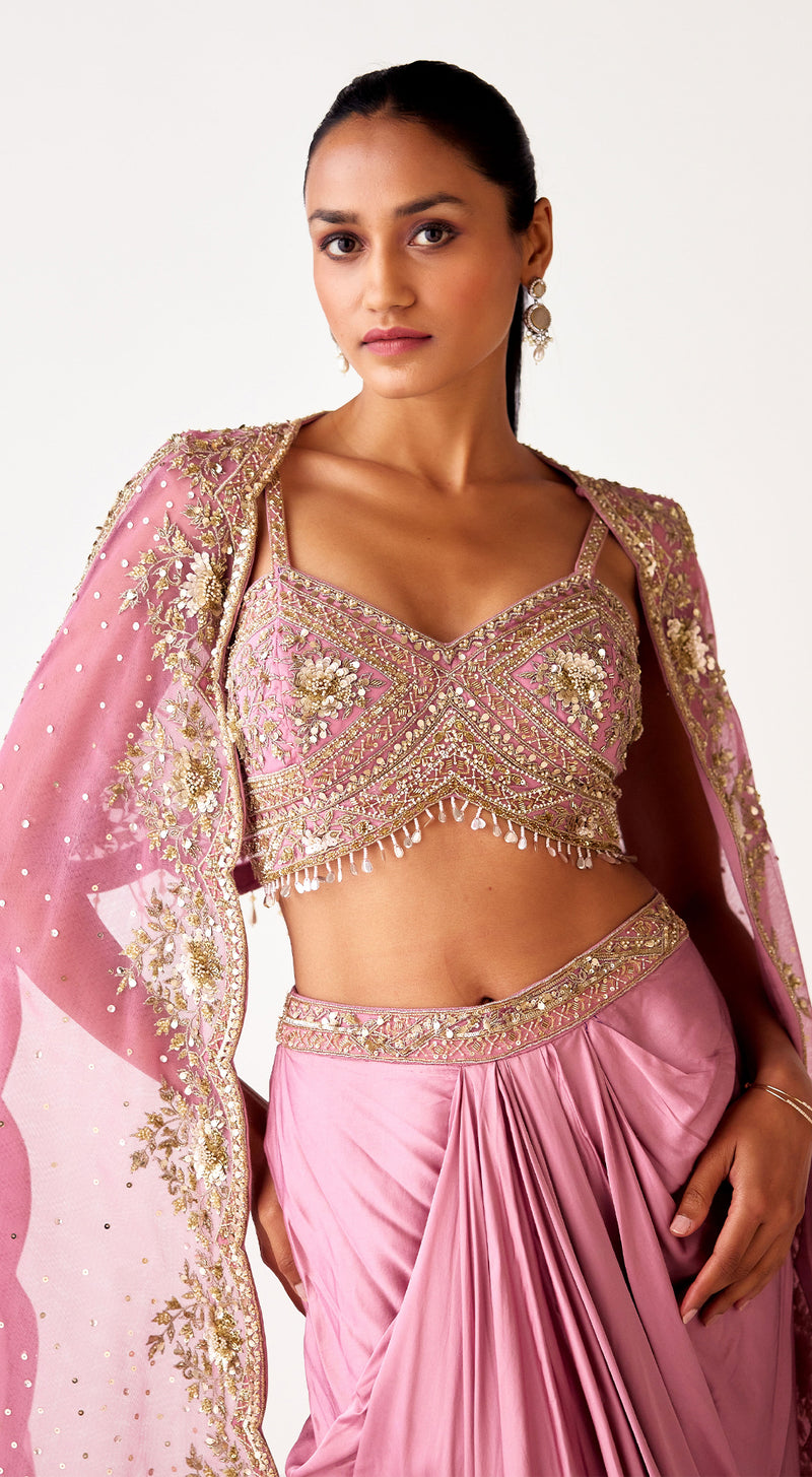 Mauve Embroidered Cape Set With Draped Skirt