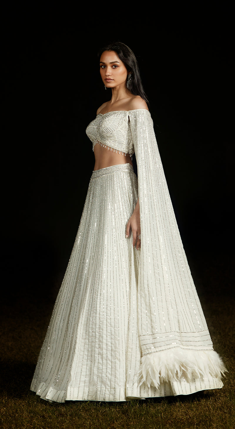 Ivory Off Shoulder Sequins Lehenga