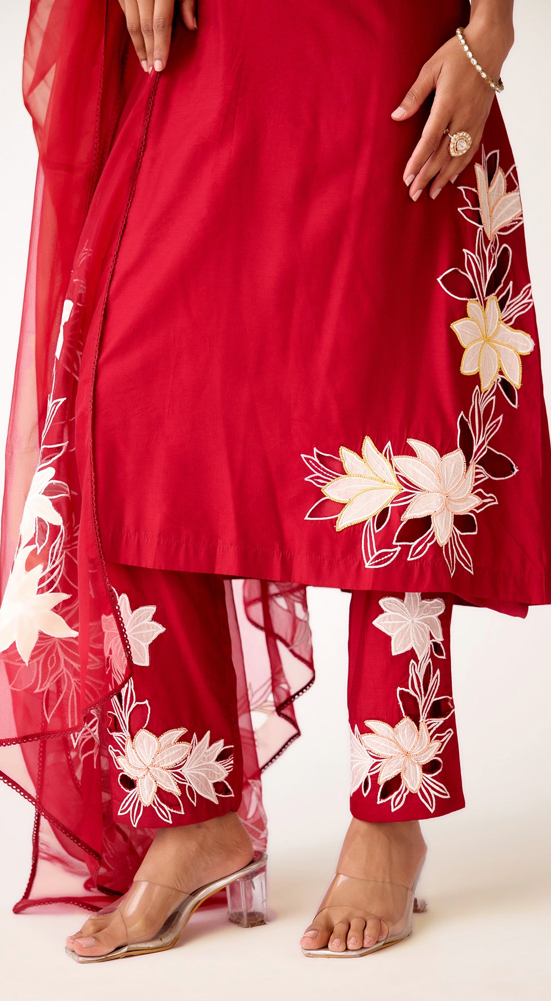 Red Cotton Silk Embroidered Suit Set