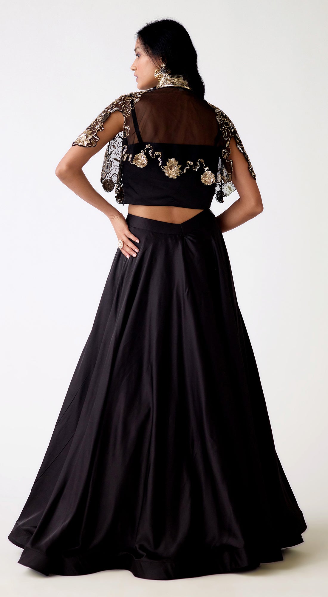 Black Satin Embroidered Lehenga Set