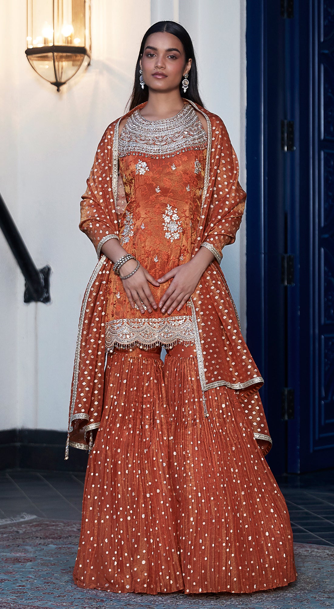 Rust Tissue Embroidered Sharara Set